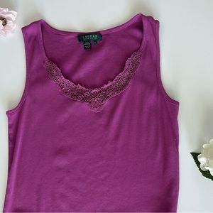 100% Cotton Fuschia Purple Ralph Lauren Lace Detail Top | Size L
